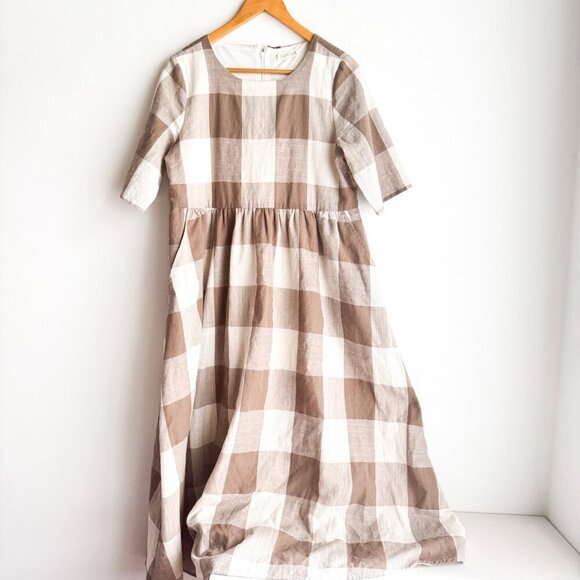 Roolee Buffalo Plaid Beige White Cottage core Dress M - Picture 4 of 8